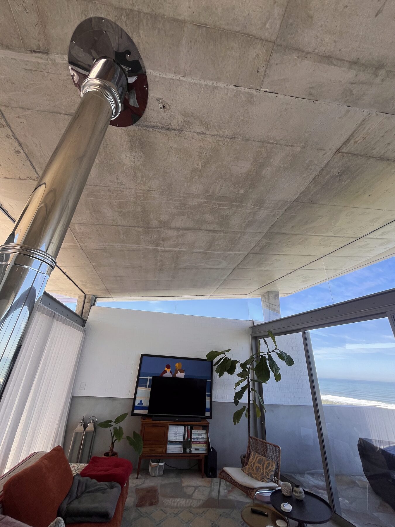 House Yzerfontein — interior, floating beam datum above frameless glass